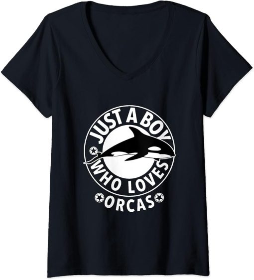 Womens Funny Just A Boy Who Loves Orcas V-Neck T-Shirt