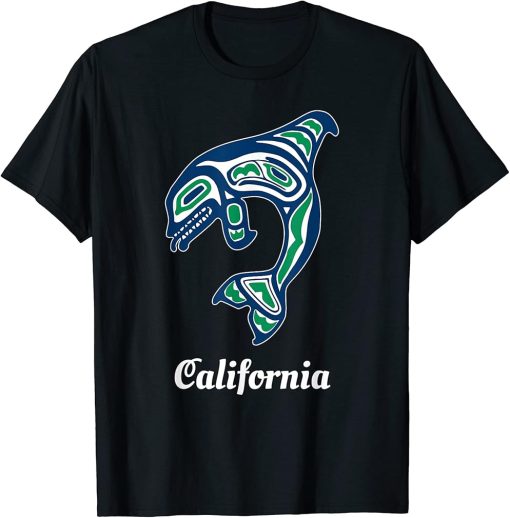 Blue Green Native American California Orca Killer Whale T-Shirt