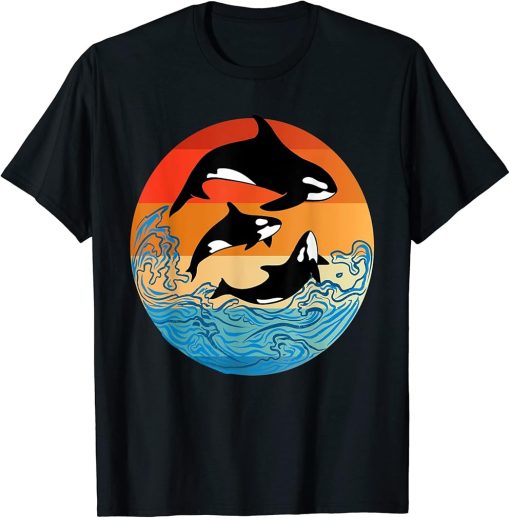 Killer Whales Ocean Wave Jumping Orcas Retro Vintage Sunset T-Shirt